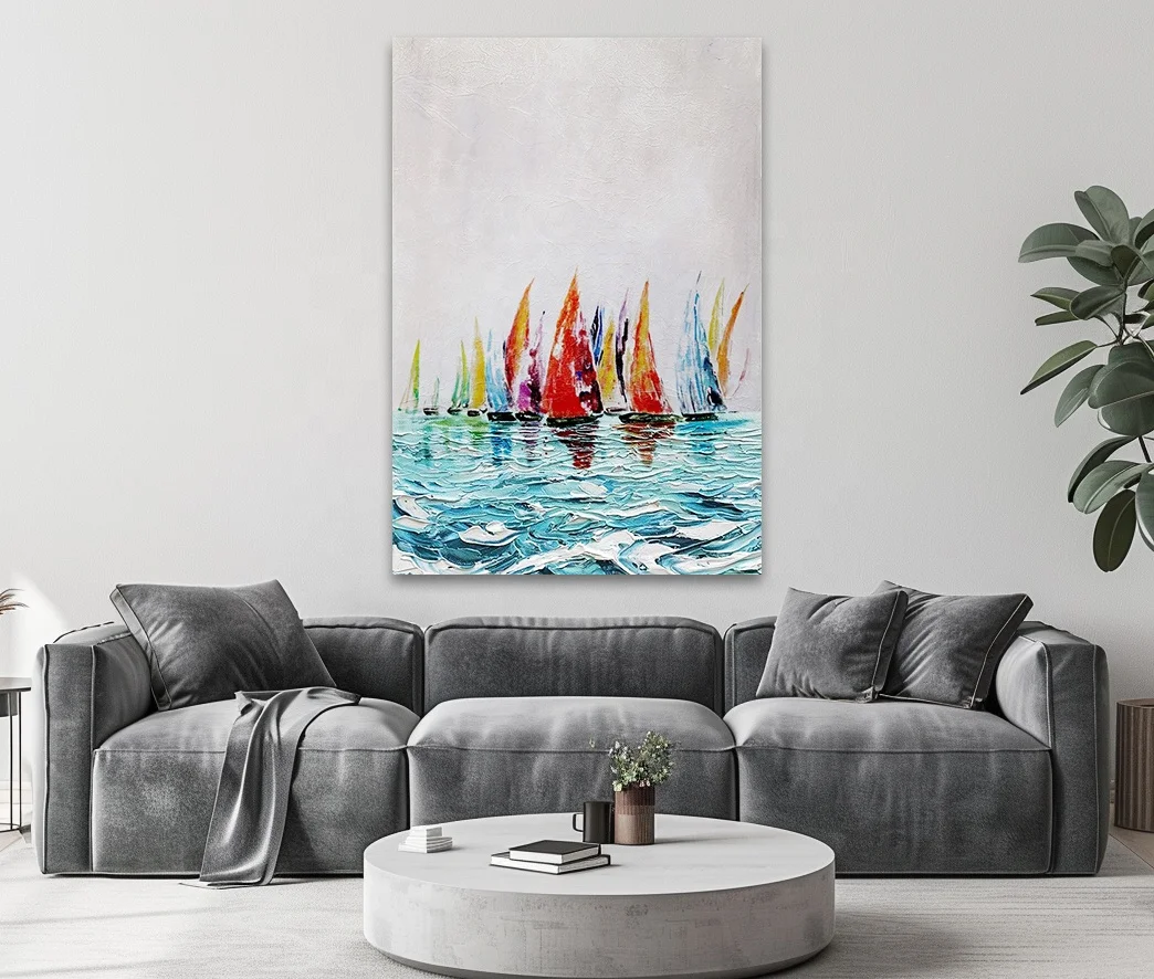 Modern Simple Original Plain Sailing Galleon Sea Hand-painted Texture Thick Oil Abstract Canvas For Hotel Projects