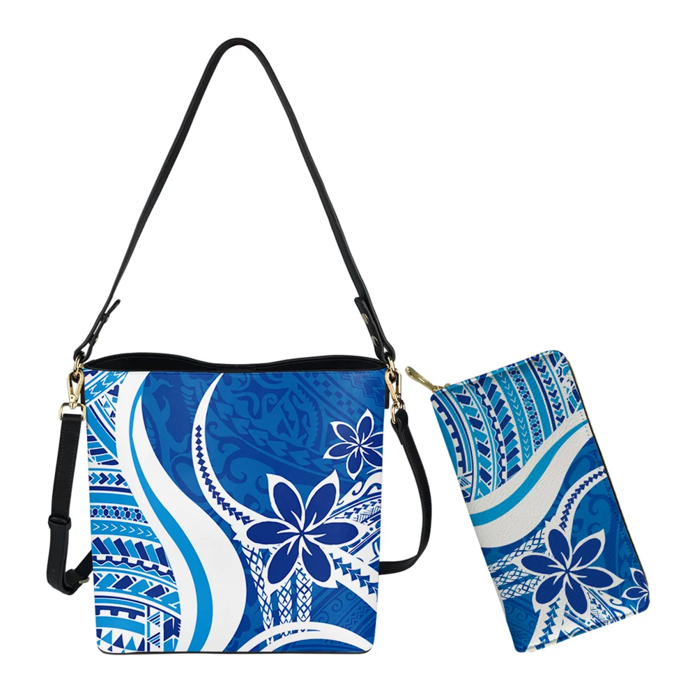 Blue Polynesian Tribal and Hibiscus Style Luxury Sling Bags for Women Girls Stylish Crossbody Handbags Leather Purse Female 1MOQ