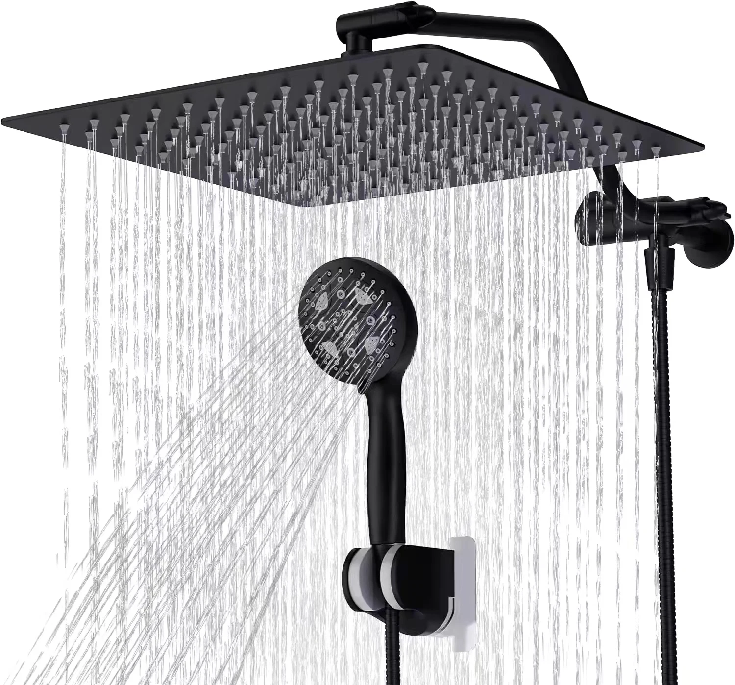 Black Bathroom Shower Faucet System Wall Shower Set Stainless Steel Bathtub Rain 2 in 1 Shower Head and Handle Set