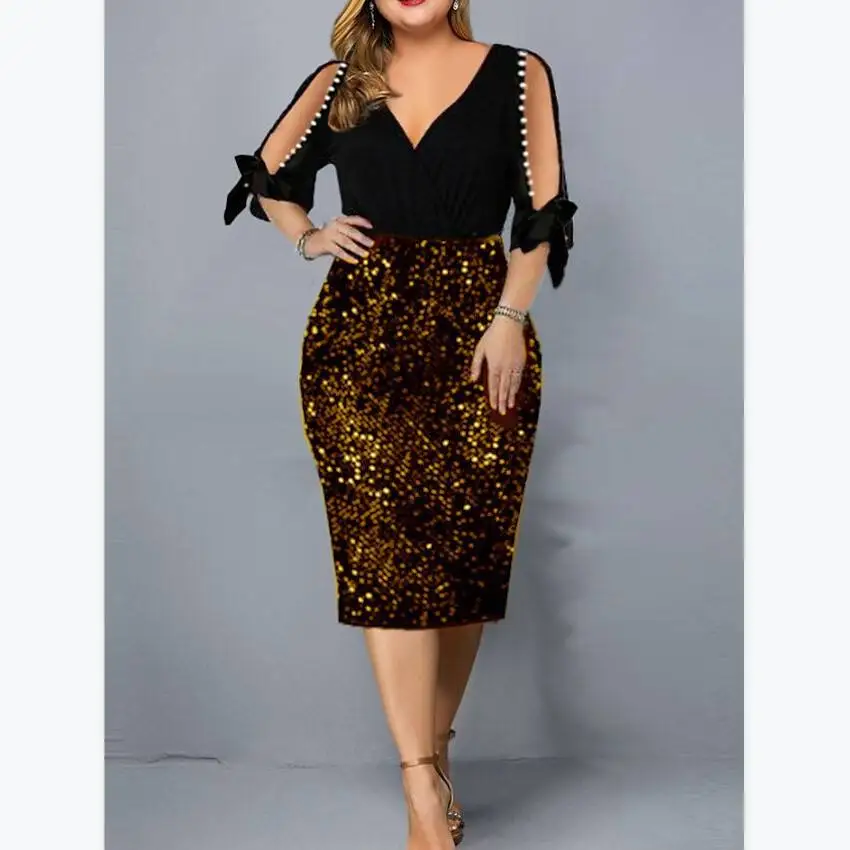 New Fashion Europe And American V-neck Personality Sequin Design Sexy Bodycon Party Dress Women Half Sleeve Plus Size Dresses