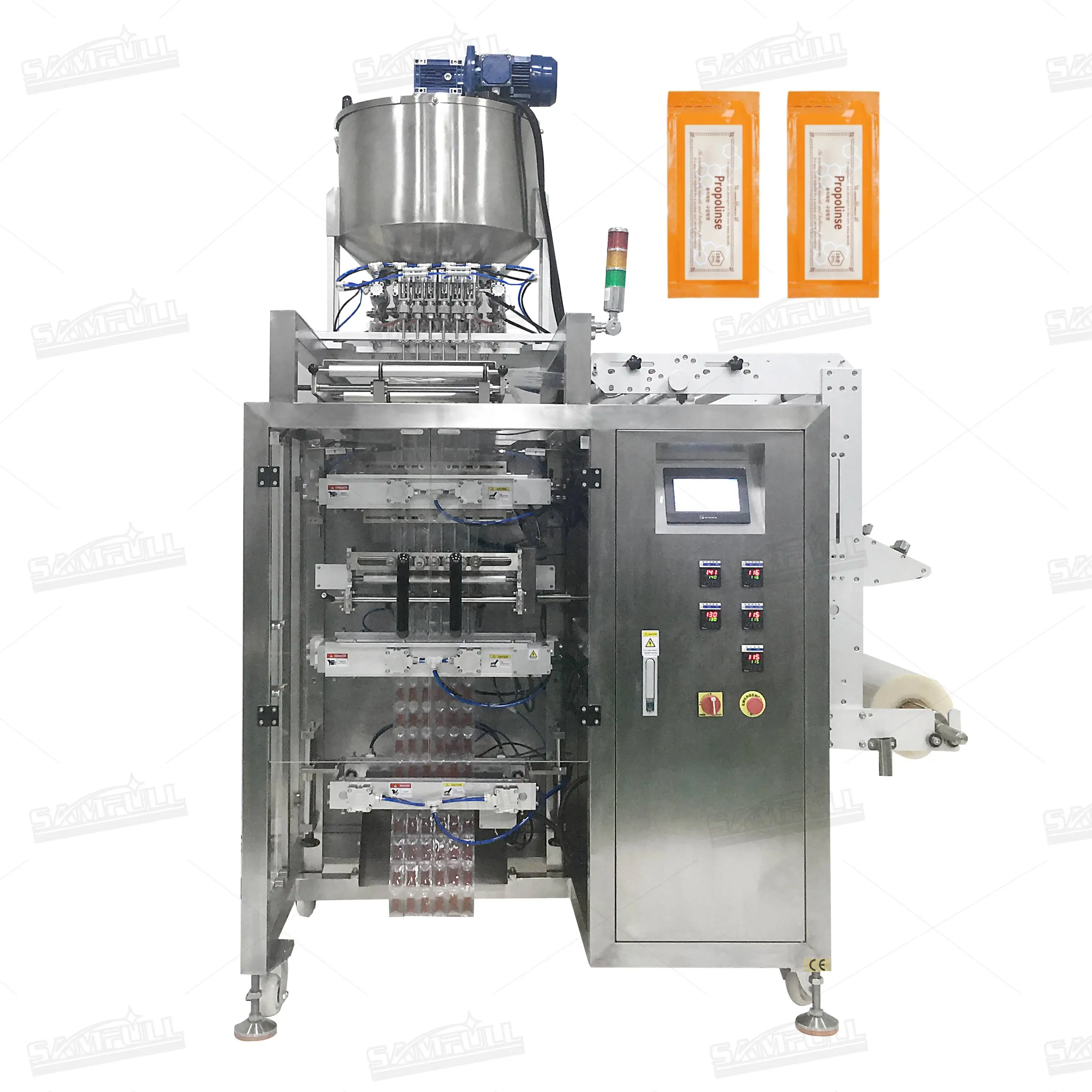Automatic multilane sachet mouthwash liquid packing machine 4 side seal travel size shampoo shower gel filling packaging machine
