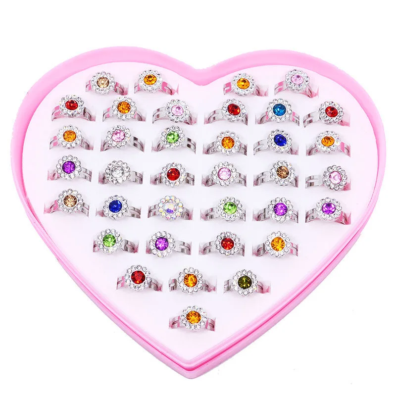 Plastic Cute Cartoon Gift Round Flower Rings for Girls Children Jewelry Crystal Zircon Ring for Kids Gift