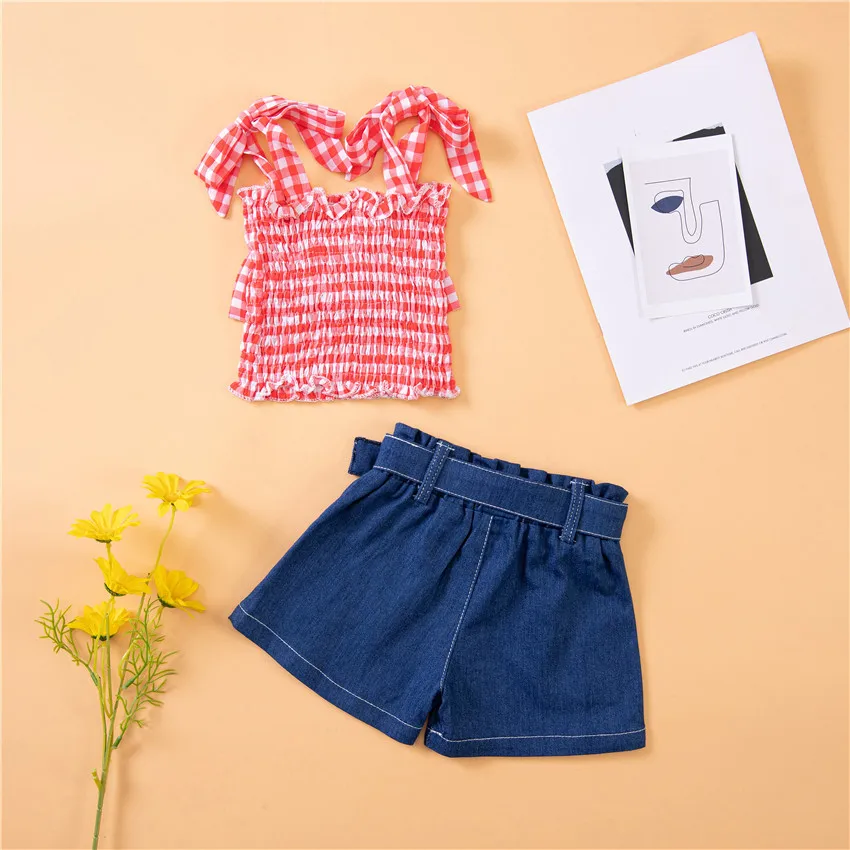 Summer Girls Clothing Sling Suit Plaid Top Denim Shorts Two Piece Set Sweet And Lovely Clothes