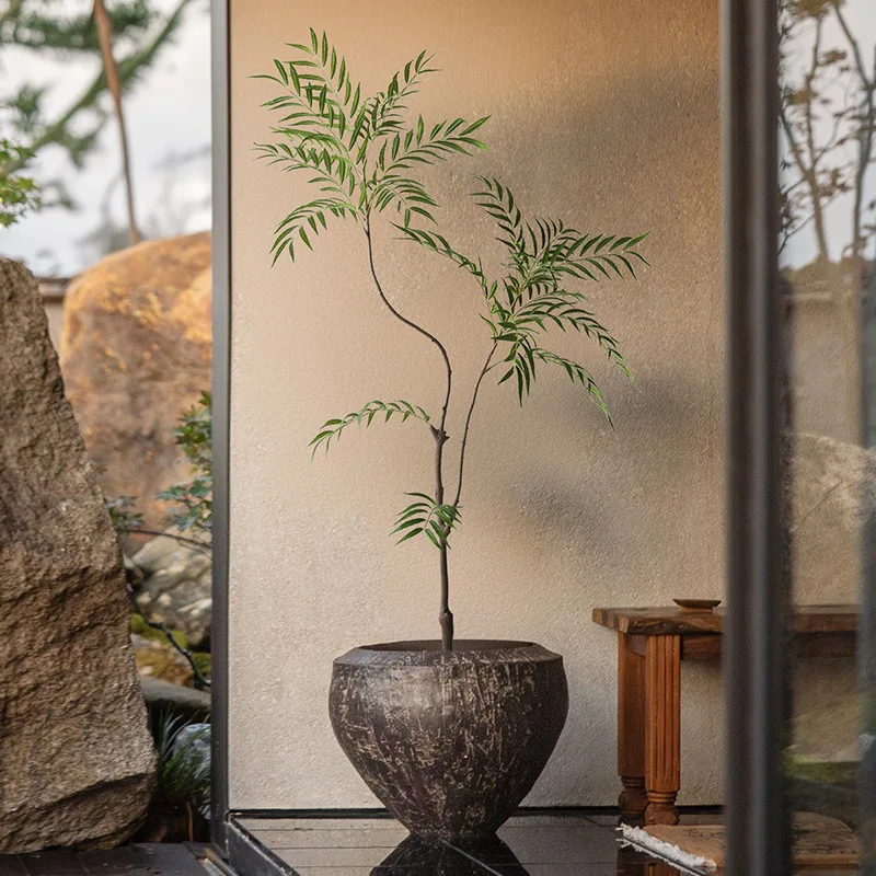 Yellow Bark Artificial Cork Tree with Fine Leaves for Home Indoor and Outdoor Decor Realistic Green Leaves