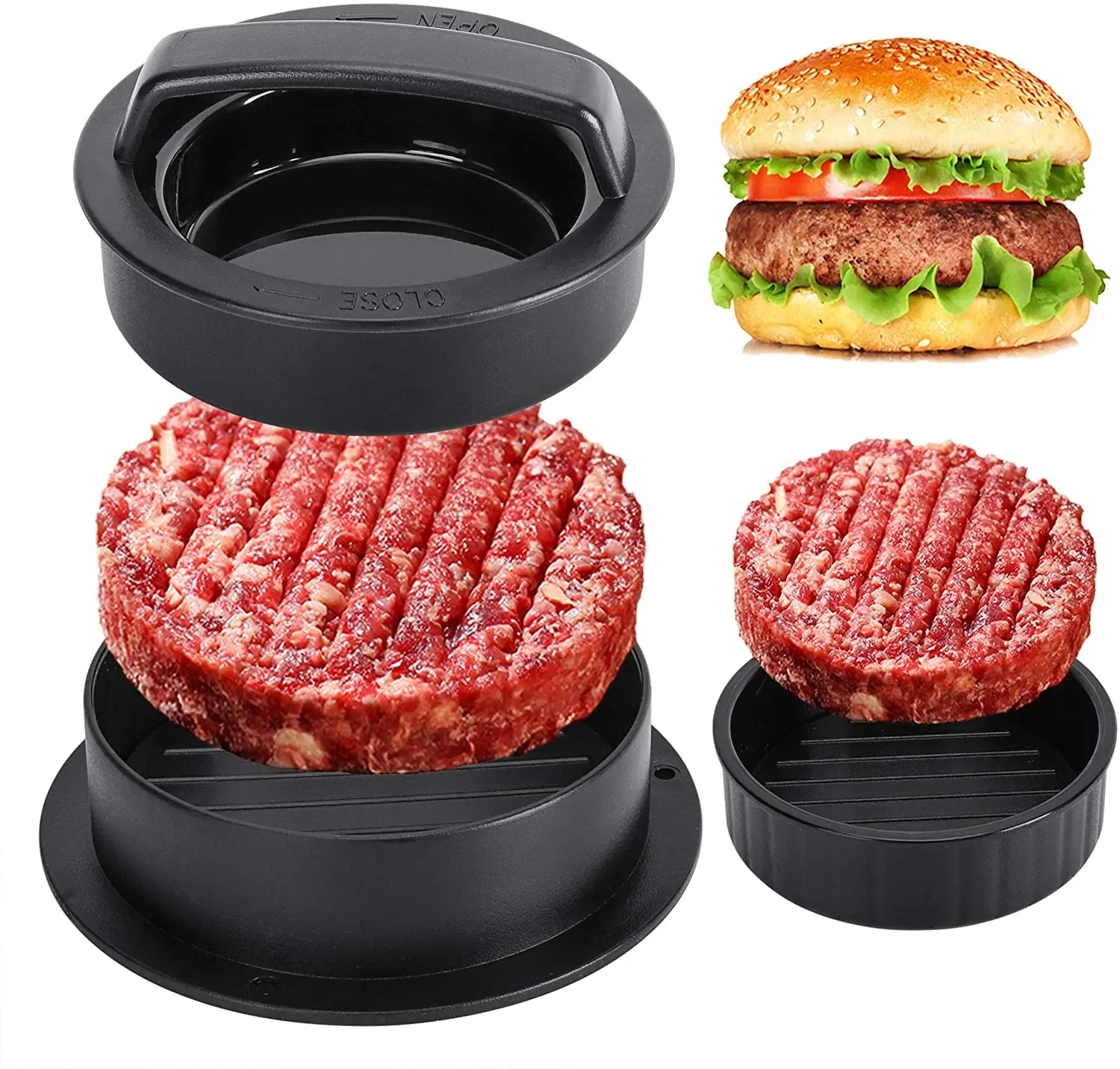 3 in 1 Non-Stick Meat Beef Burger Press Hamburger Patty Mold Press Patty Maker, Essential Tool to Make Patty for Stuffed Burgers