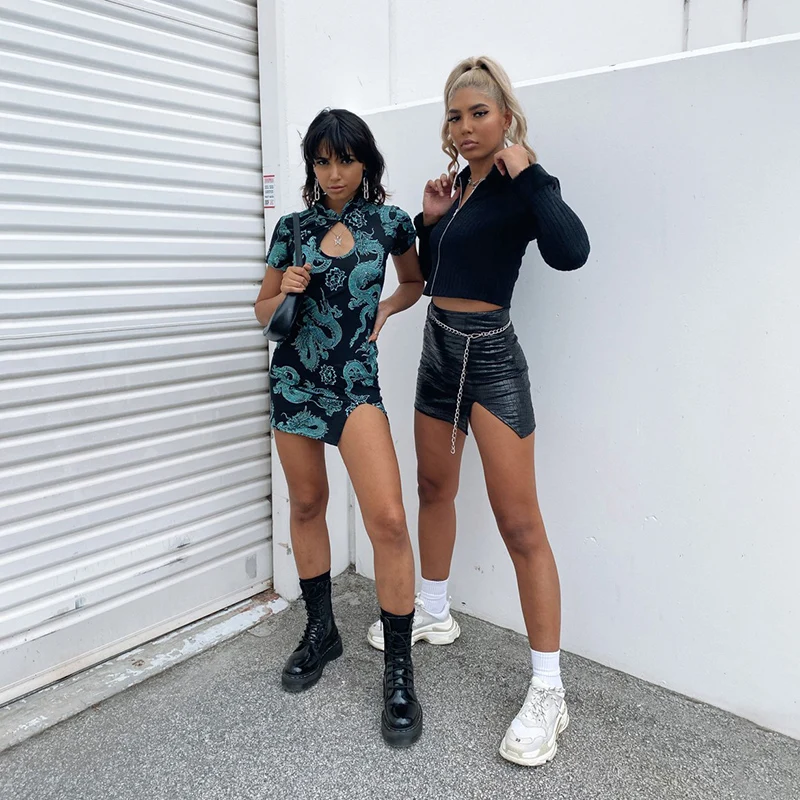 D1736869 Traditional female slim cheongsam ropa mujer summer sexy hollow out printing banquet suit mini dress