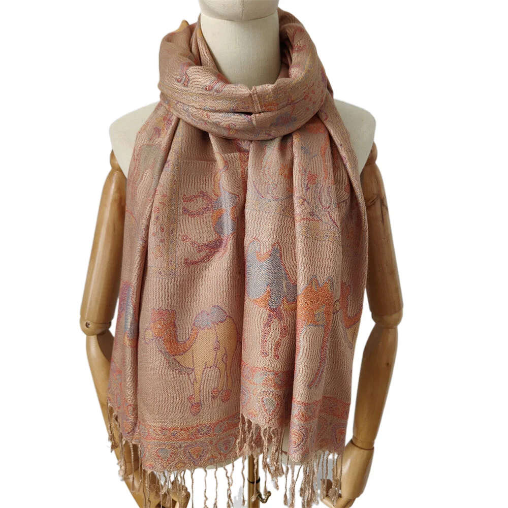 Custom Soft Silky Reversible Camel  Pashmina Shawl Wrap Animal Scarf With Fringes