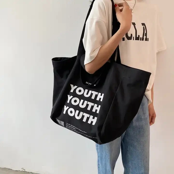 Custom Logo Size Printed Foldable Reusable Canvas Shopping Tote Bag Oversized Cloth Cotton Bags with Zipper Internal Pocket