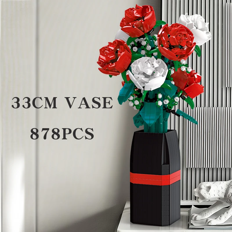 818 Pcs Botanical Flower Bouquet Artificial Plants Set Potted Plants Rose Building bblocks Set Romantic Home Decor& Office Decor