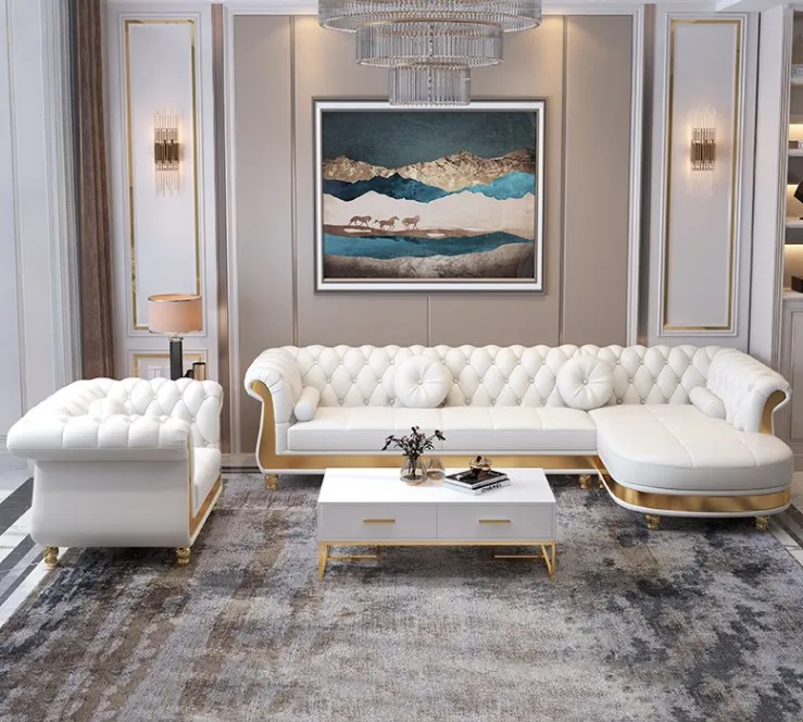 Modular Sofa Hot Sale New Designed Sofa Set Furniture U Shaped Luxury Leather Button Tufted Upholstered Sofas for Hotel Villa