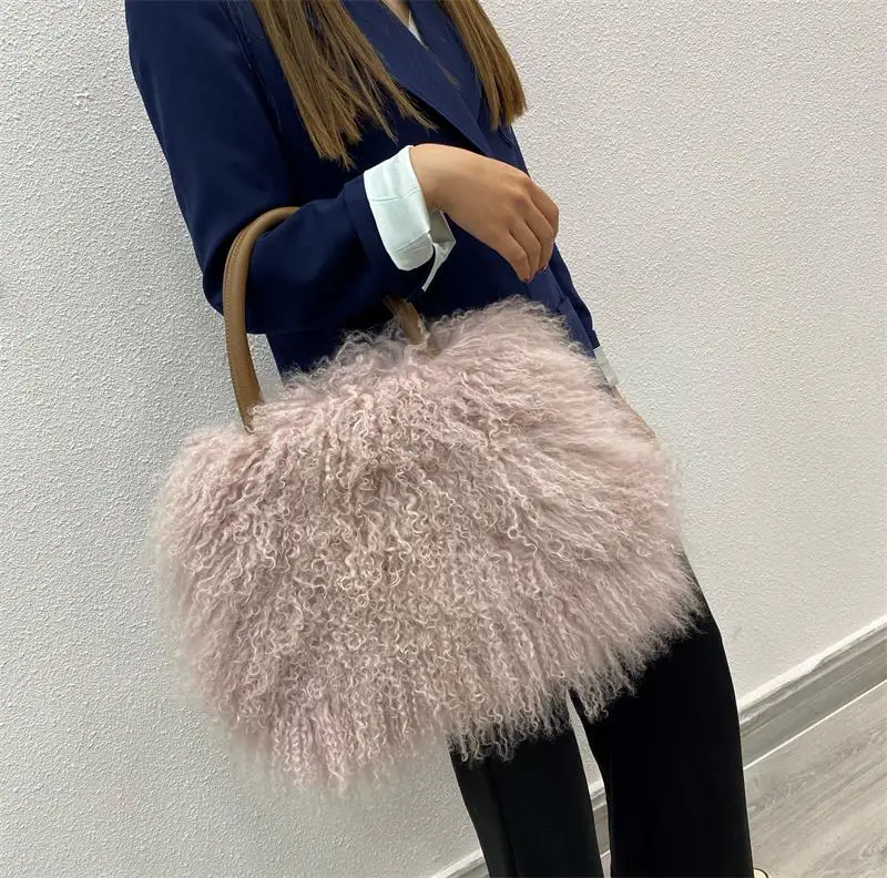 Factory wholesale new fashion design luxury real Mongolian lamb fur bag sheep fur shoulder bag
