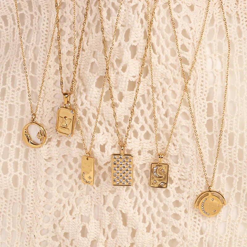 Luxury Necklace Women Moon Star Zirconia Pattern Gold Dipped Necklace Stainless Steel Statement Necklace