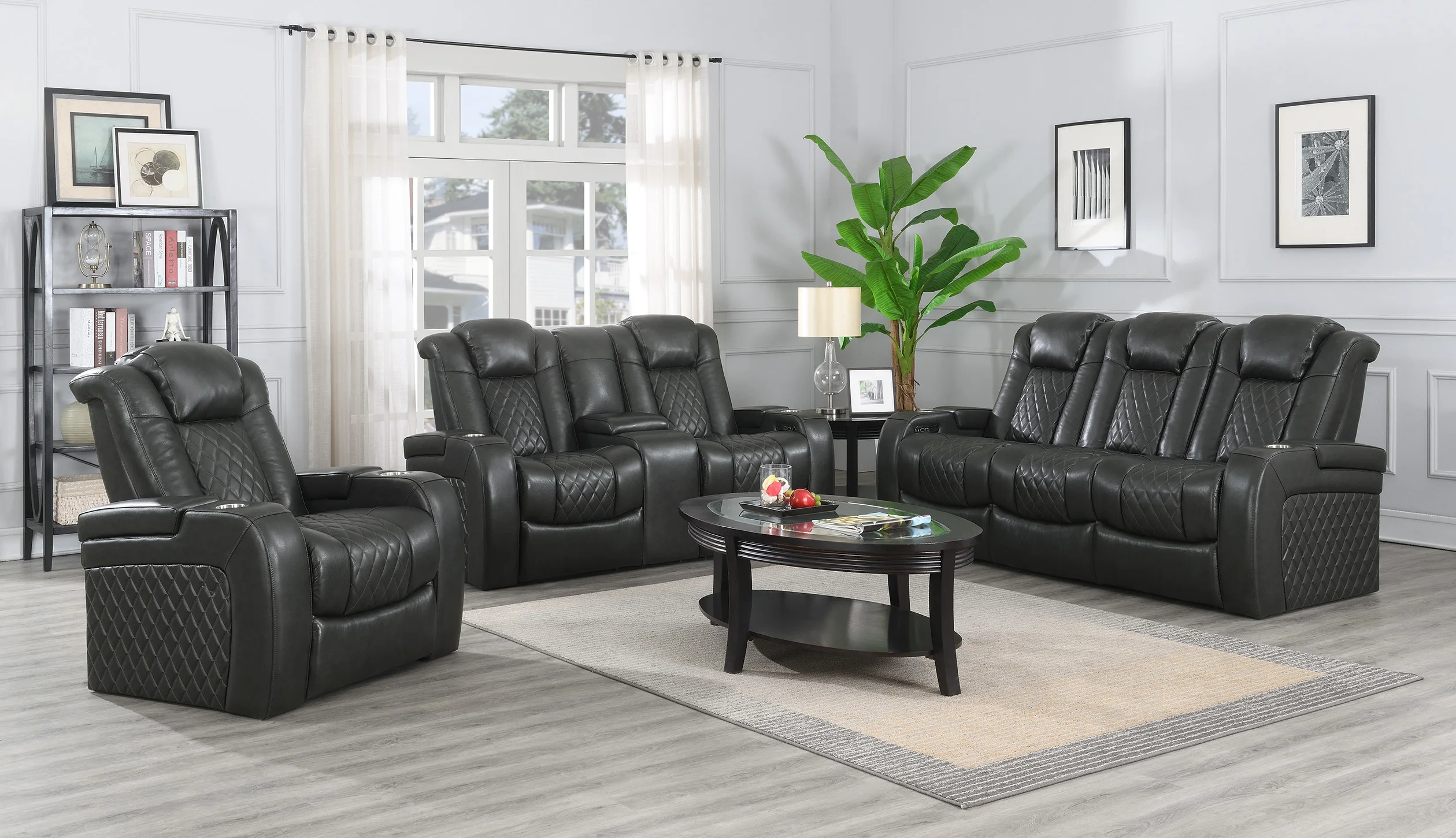 Functional genuine Leather 1+2+3 electric recliner sofa set with LED USB and console