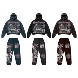 480gsm Custom graphic pattern vintage acid wash tight leg sweat pants and hoodie 2 piece set tracksuit sweat track suit men