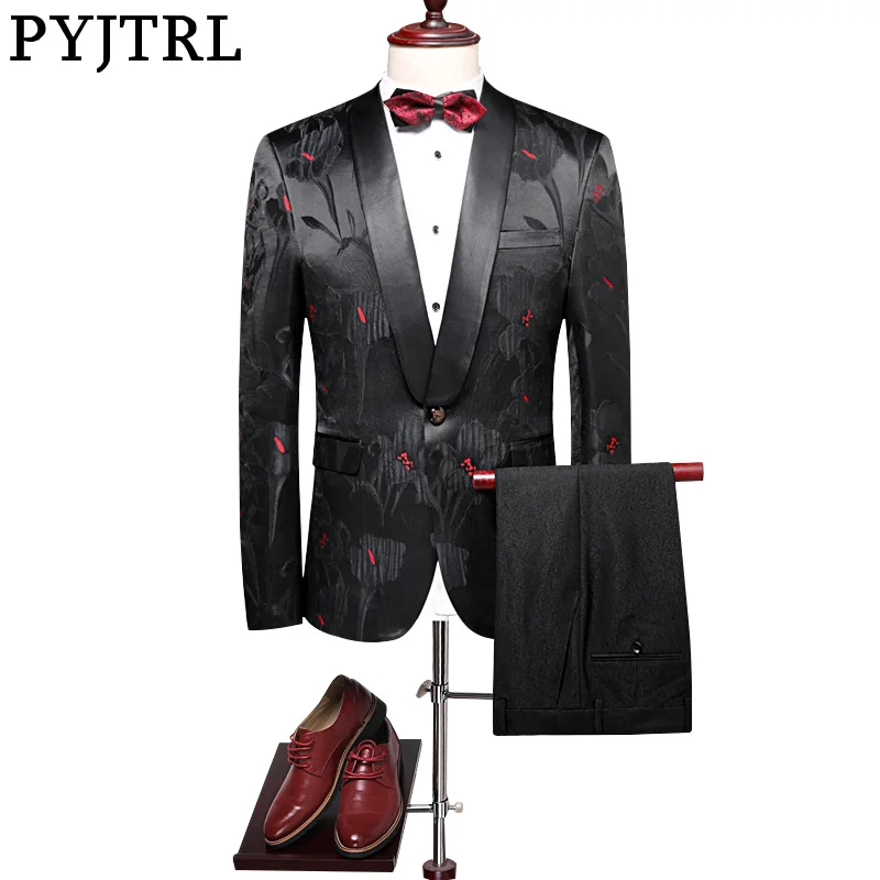 
PYJTRL Quality Men Luxurious Jacquard Black Red Floral Pattern Causal Suits 