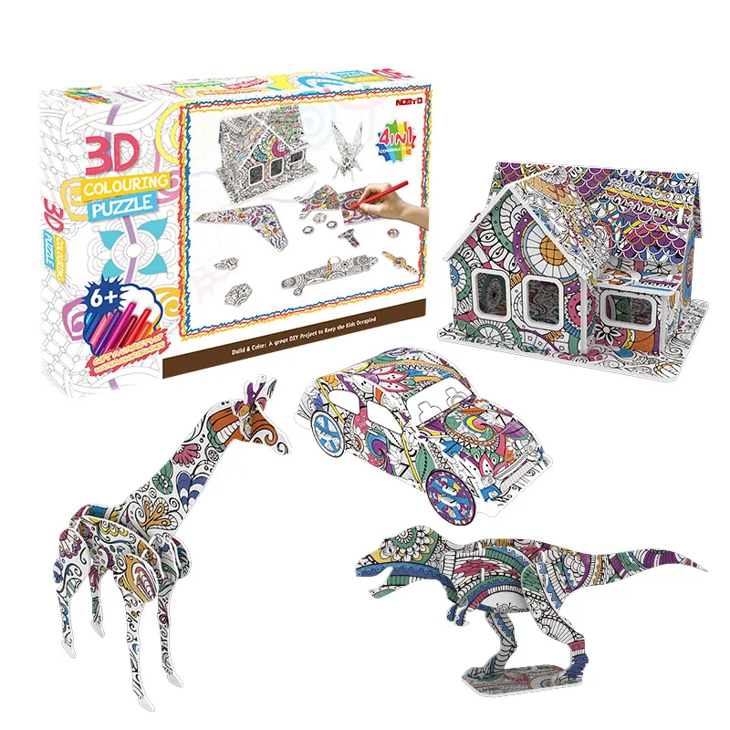 Amazon Puzzle Toy 10 в 1 3D Набор пазлов для раскрашивания, 4 упаковки детских геометрических пазлов с 10 маркерами, пазлы для животных