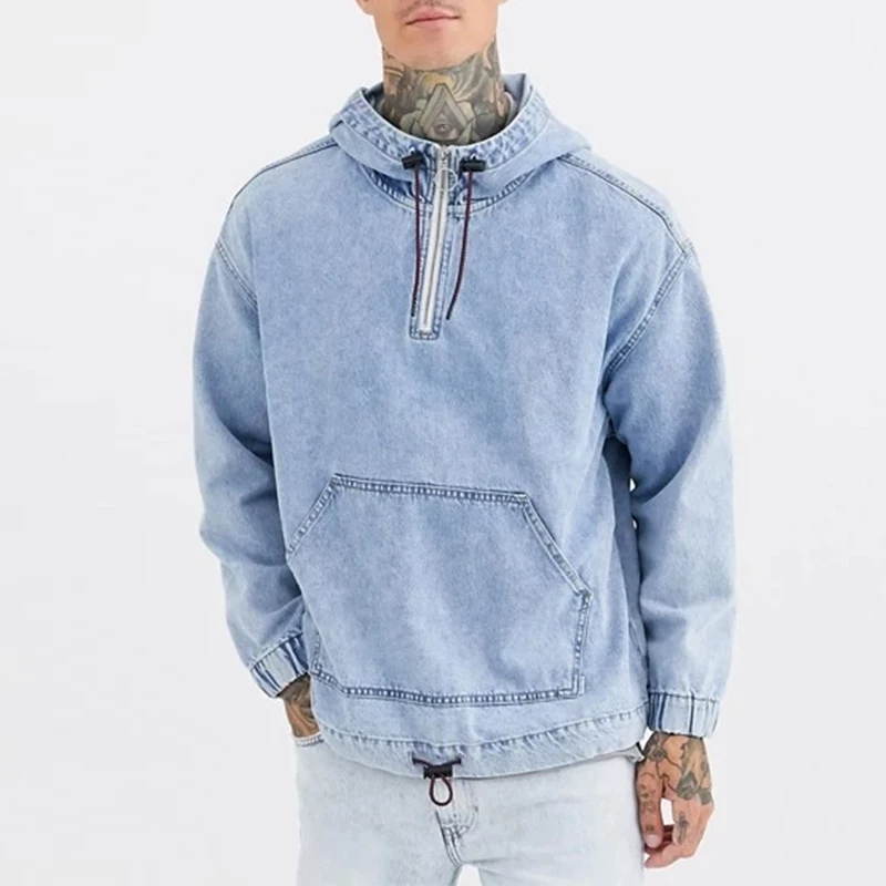 men washed half zipper drawstring denim long sleeve hoodies pllover good quality hoodie