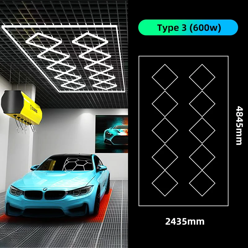 Car workshop led lights auto detailing hanging connectors for hexagon shape grid systems shop office club honeycomb wall light