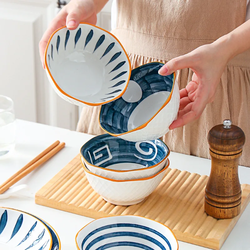 Wholesale Blue Decal Golden Rim Chinese factory irregular shape soup rice glaze Colorful ceramic bowl