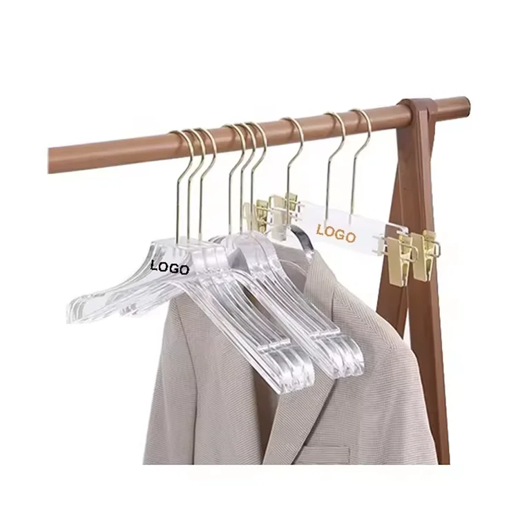 custom logo clothing store transparent clear plastic hanger gold hook wedding dress suits coat pants acrylic hangers for clothes