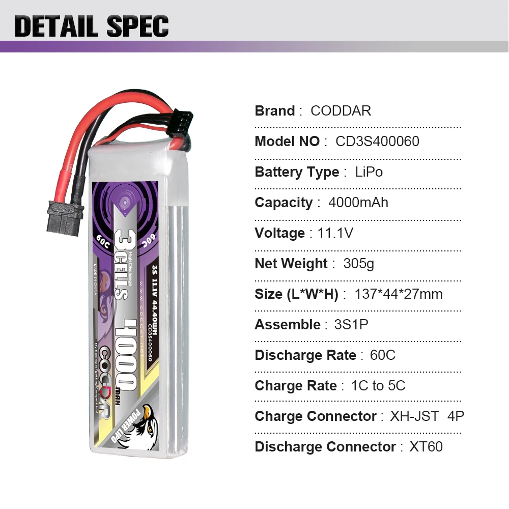 CODDAR RC LiPo Battery 3S 4000MAH 11.1V 60C 120C XT60 FPV Drone EDF Jets Truck Airplane Helicopter MultiCopter Boat RC Hobby