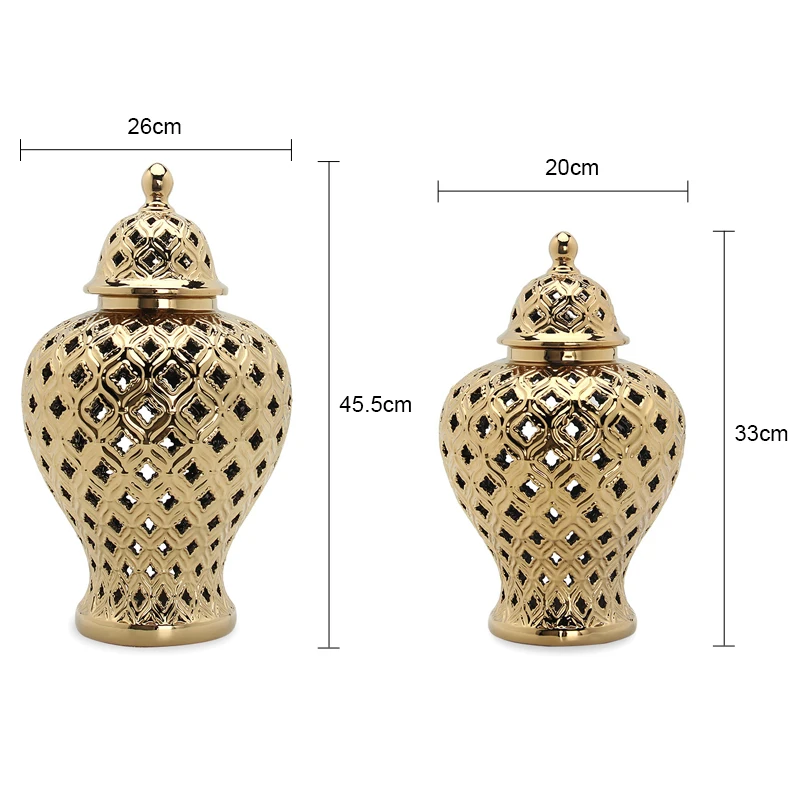 Wholesale Custom Home Hotel Decorative Modern Nordic Luxury Hollow Large Huge Big Ceramic Gold Hammered Ginger Jar Vase