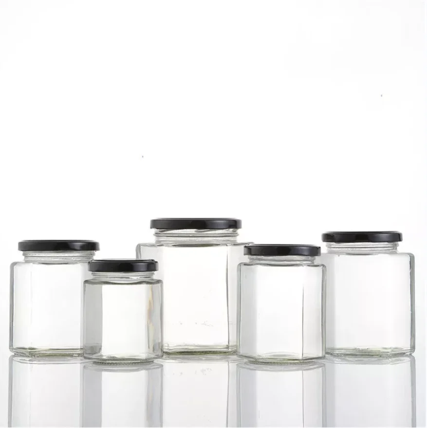 High Grade Hexagon Glass Honey Jars Jam Sauce Pickle Storage Bottle with Metal Lids
