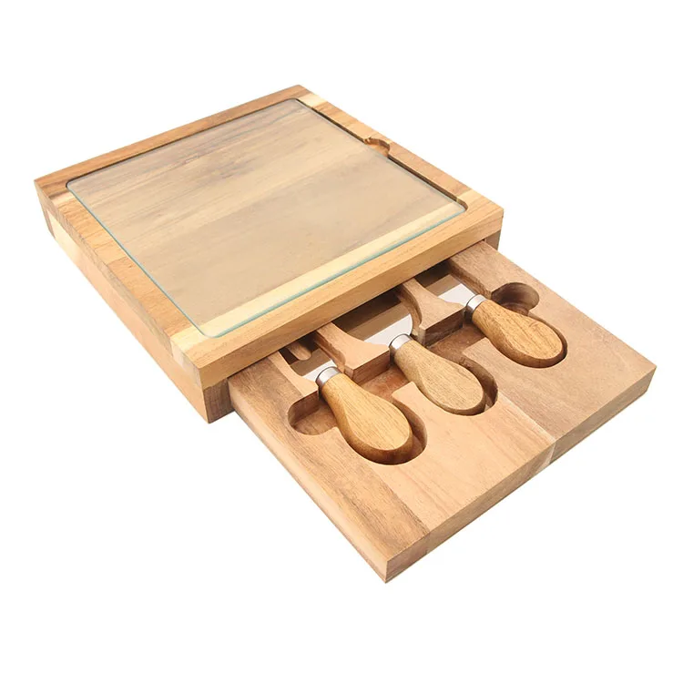 Wooden Cheese Cutting Board with Tool Rectangular Wholesale Cheese Board Set with Slide-Out Drawer for Wine And Cheese