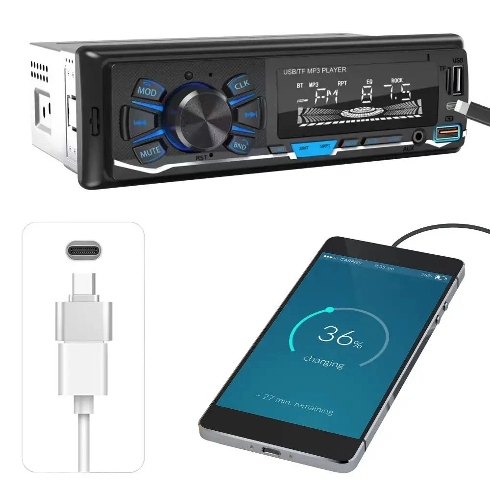 Universal AUX Car MP3 Player 1Din Smart Fm Radio For Car With TF Card USB Charging Support Voice Assistant APP Remote Control