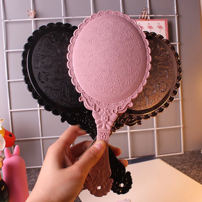 Small Vintage Cosmetic Mirror Floral Print Hand Hold Looking-glass Makeup Beauty Tool Tiny Mirror
