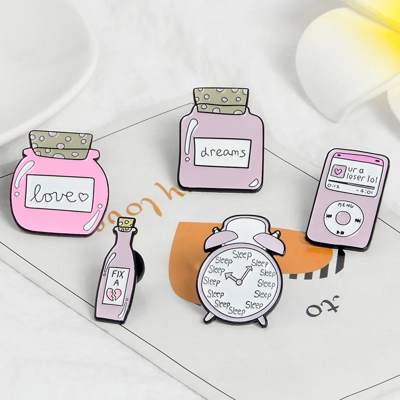 Cartoon creative pink series jewelry brooch personality pink schoolbag alarm clock potion bottle brooch accessories badge
