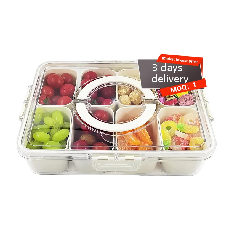 3 Days Delivery 8 Compartments Divided Food Serving Tray With Lid And Handle Spices Storage Container Kitchen Organizer