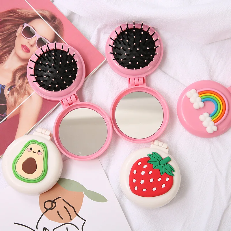OEM Cartoon folding makeup mirror airbag comb girl portable beauty lens massage comb