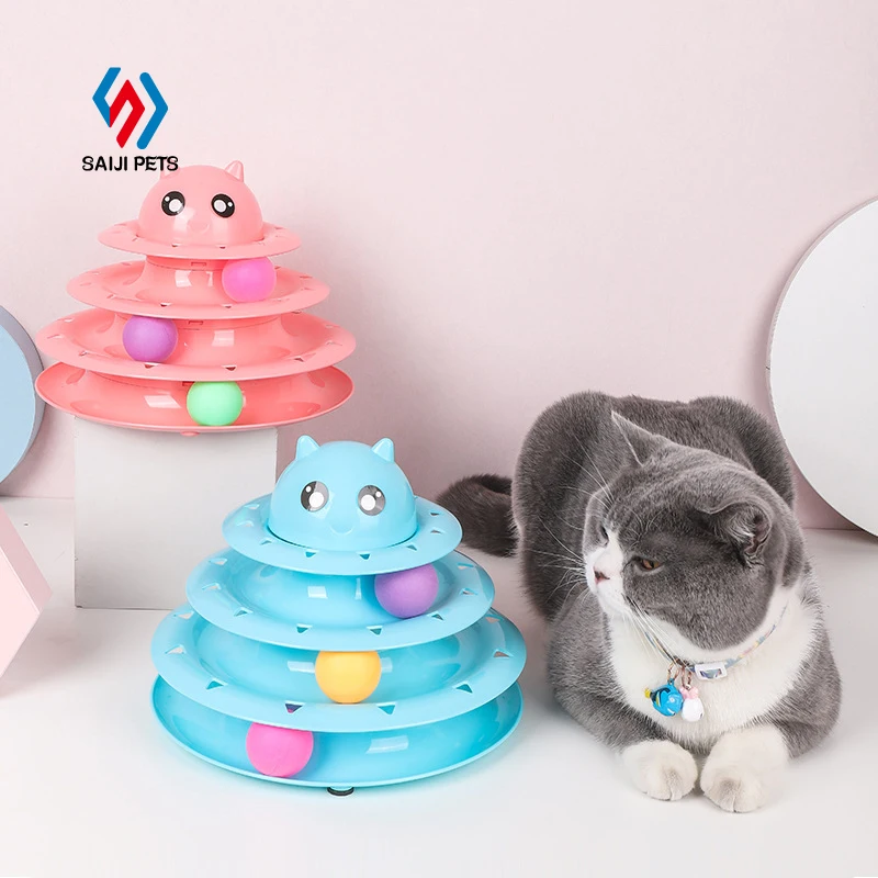 Saiji оптовая торговля ролик 3-х уровневый зеленый розовый пластиковый раструб шары кошка вертушка игрушки