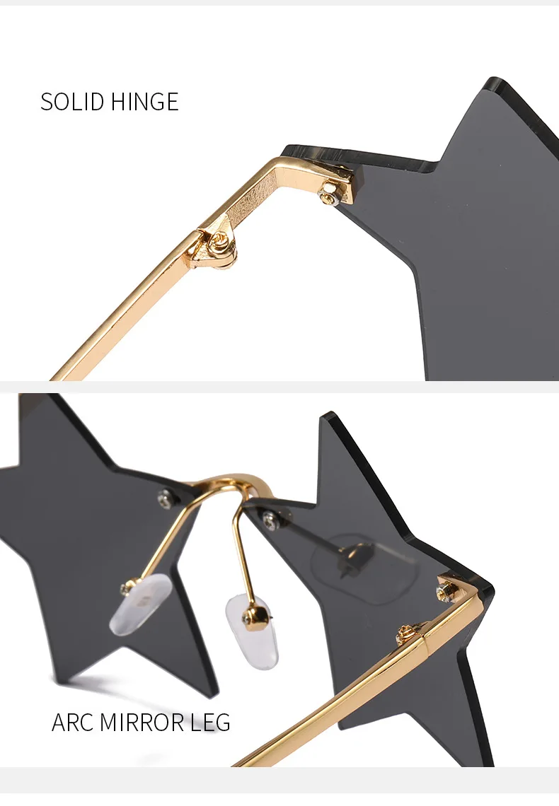 Factory OEM Dazzle Color Mens Rimless Metal Star Shaped Wholesale Sunglasses