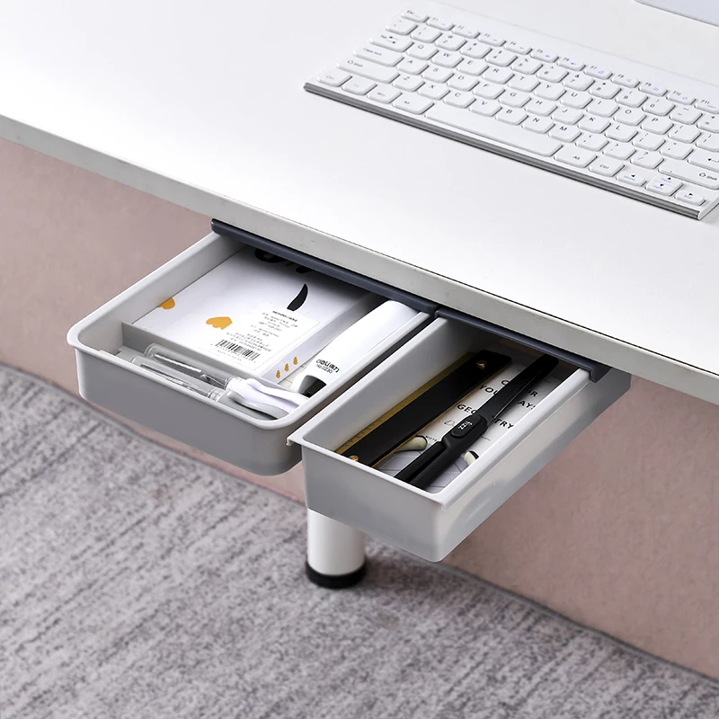 Office Hanging White Gray Space-Saving Item Organizer Self-Adhesive Under Desk Hidden Sliding Plastic Drawer