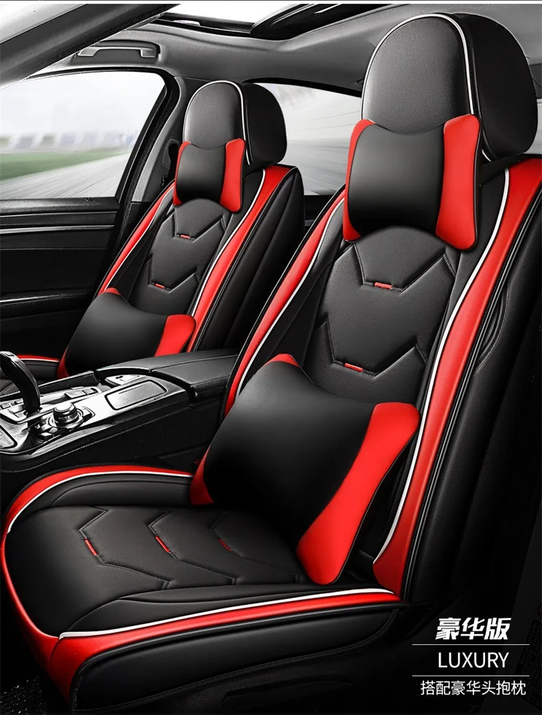 Black and Red Leather Car Seat Covers Full Set with 2 front Seat and 1 Rear Bench Waterproof for 5 Seats