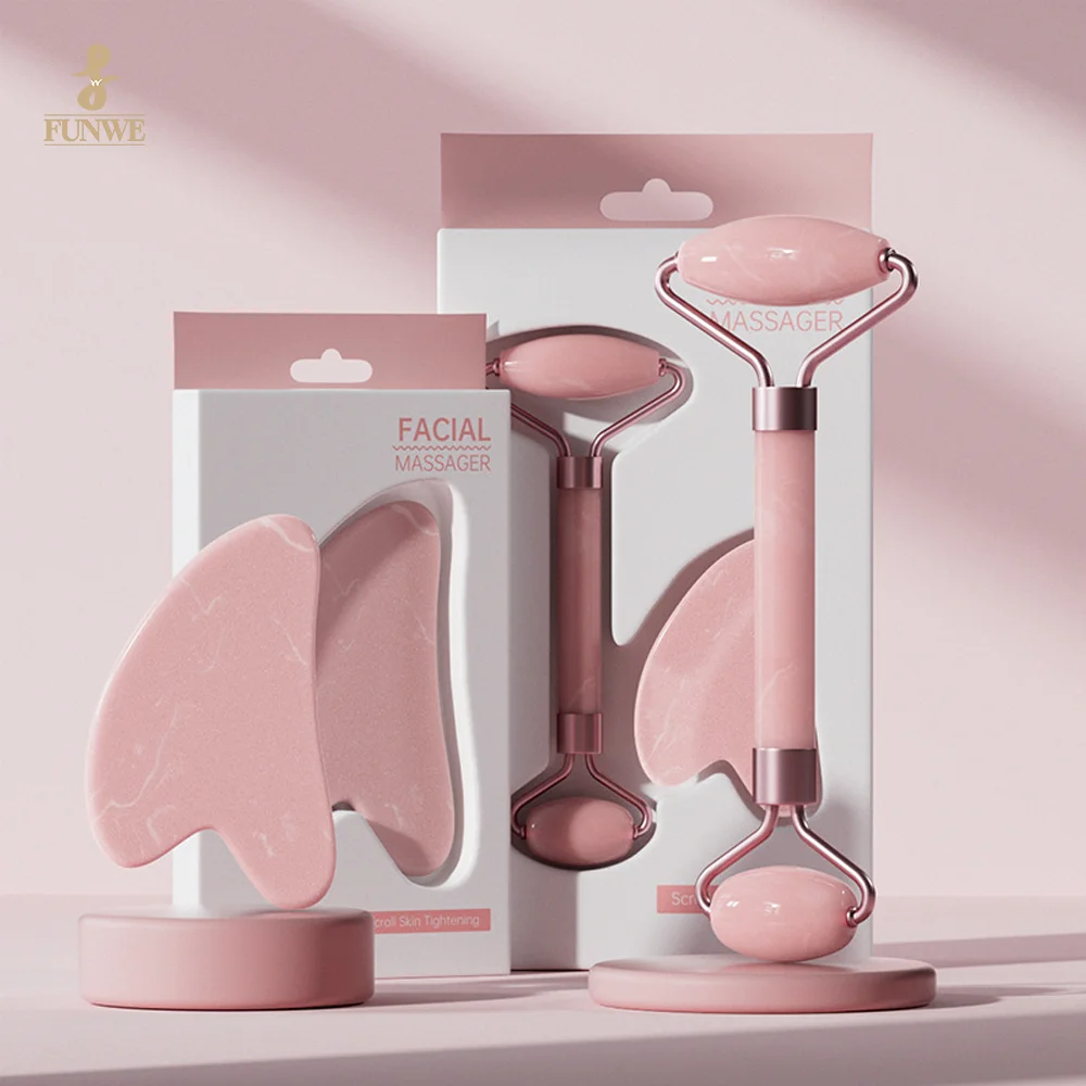 Multifunction Face-Lifting Massage Roller Beauty Skin Care Tools Natural Rose Quartz Jade Face Roller Gua Sha Tool Set
