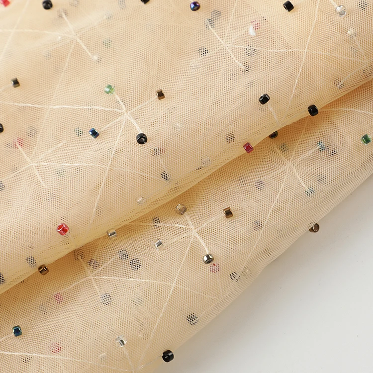 Cheap price cute breathable nylon woven bead mesh embroidery fabric for kid dress