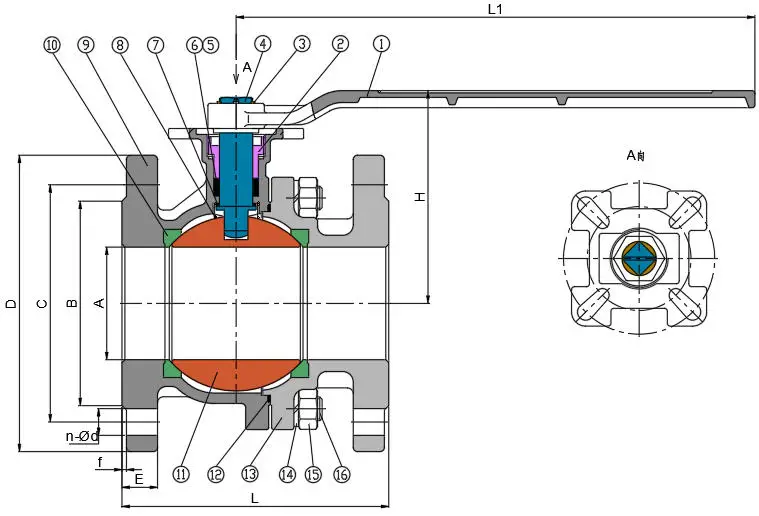 DIN3202 standard SS304/316 manual operation flange connection 2PC ball valve PN40 chemical use