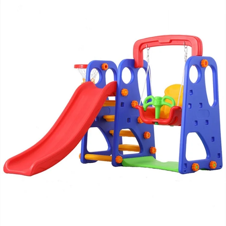
High quality HDPE plastic swingset with basketball hoop ,kids slides indoor 