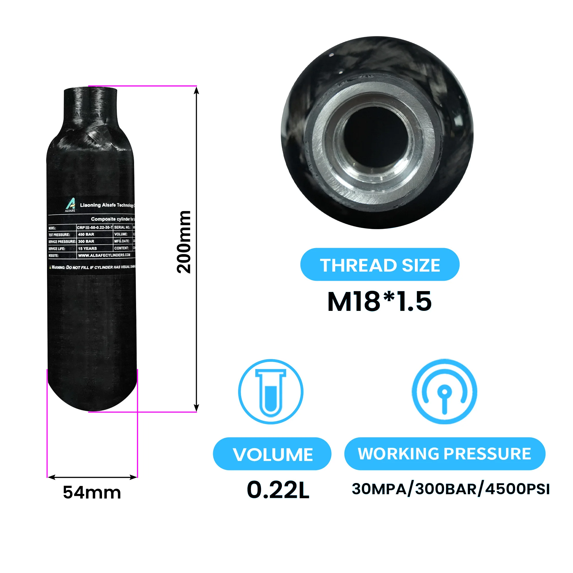 GP High Strength 0.22L MIni High Pressure 300bar 30mpa 4500psi Gas Cylinder PCP Fully Wrapped Composite Carbon Fiber Air Tank