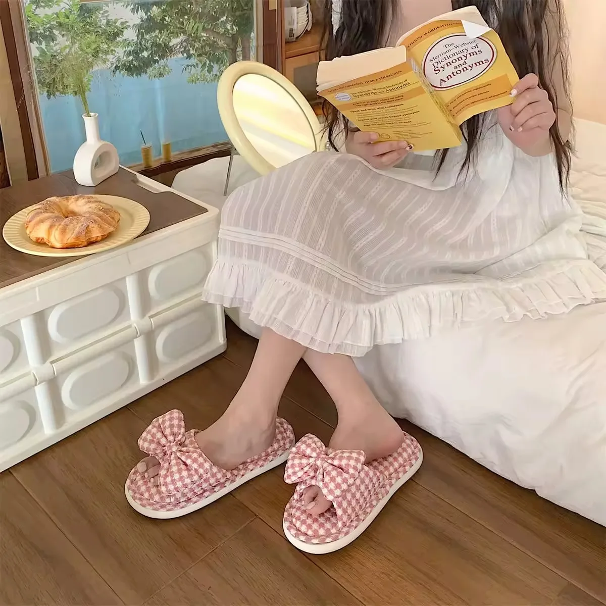 Женские хлопковые льняные тапочки с бантом