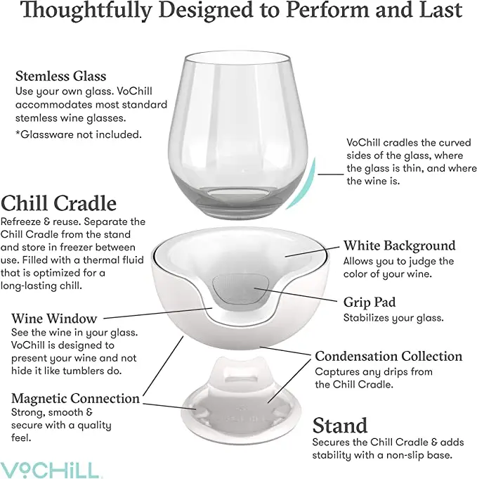 VoChill Stemless Wine Glass Chiller Keep the Chill In Your Glass New Wine Accessory eparable & Refreezable Chill Cradle