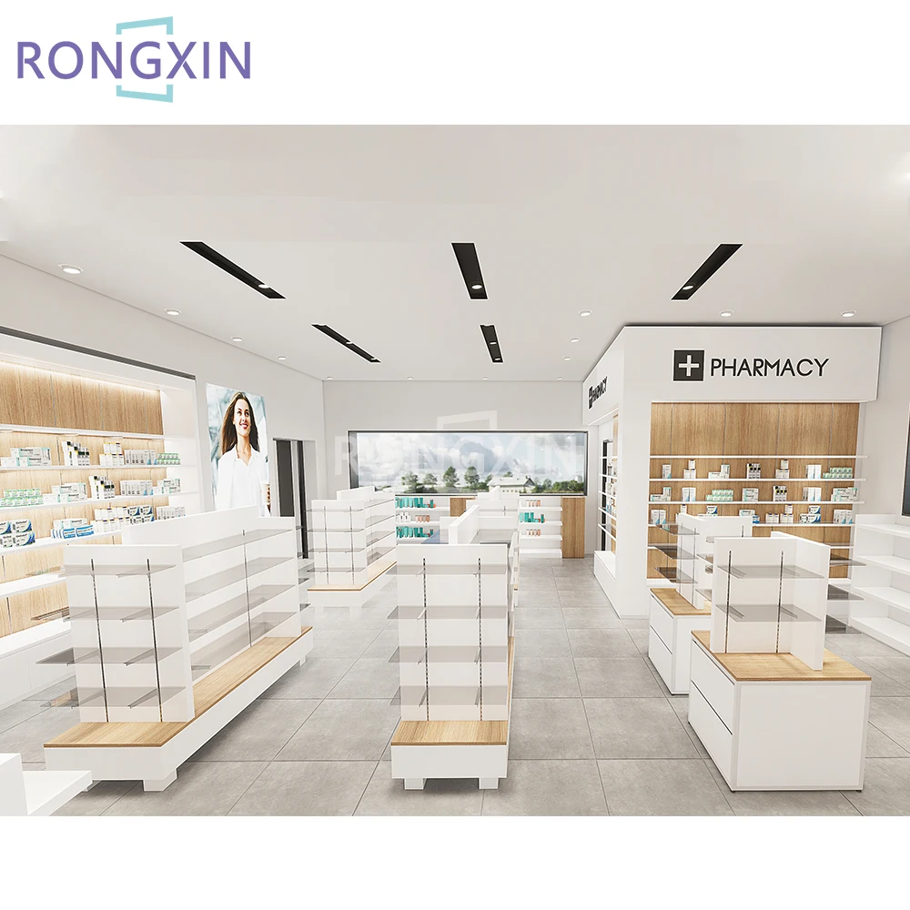 Wood Pharmacy Shelves Retail Pharmacy Shop Interior Design Display Rack Furniture Medical Shop Pharmacy Display Stand