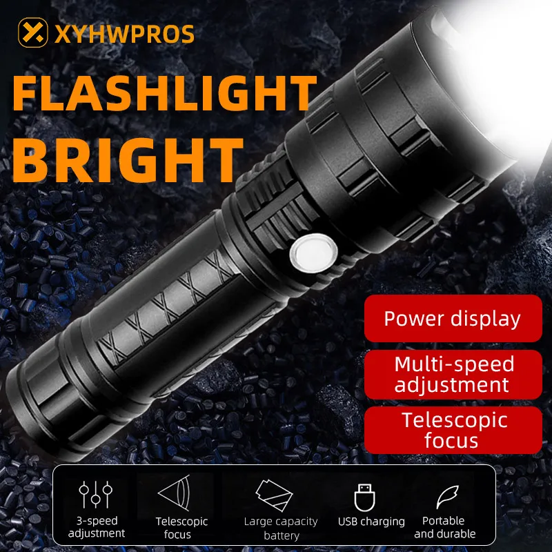 High Lumen Xhp50 Aluminum Rechargeable Telescopic Zoomable Power Display Led Flashlights Tactical 2000 Lumen Hand Torch Light