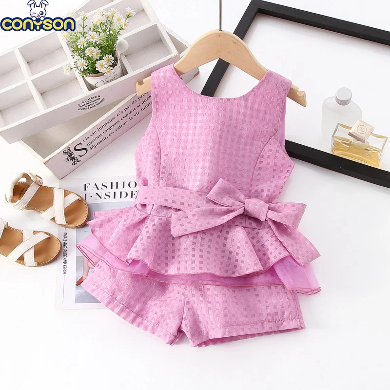 Conyson summer outfit girl fashion summer baby clothing trendy kids boutique outfit top And Short 2 Pieces Girls Sets