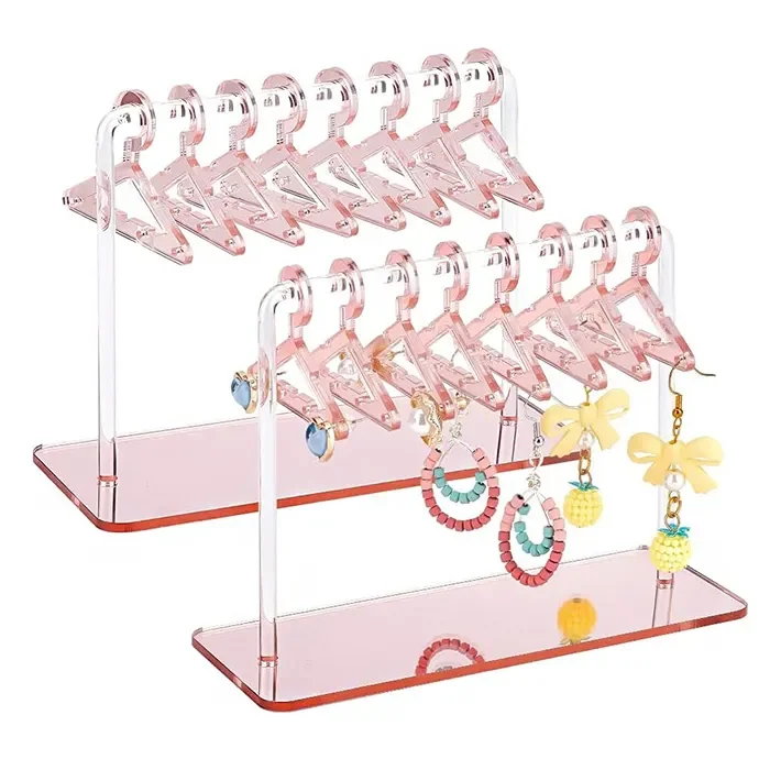 Custom Luxury Pink Mirror Acrylic Earring Display Stand Holder With Clothes Hanger Shaped Rack Set For Jewelry Store