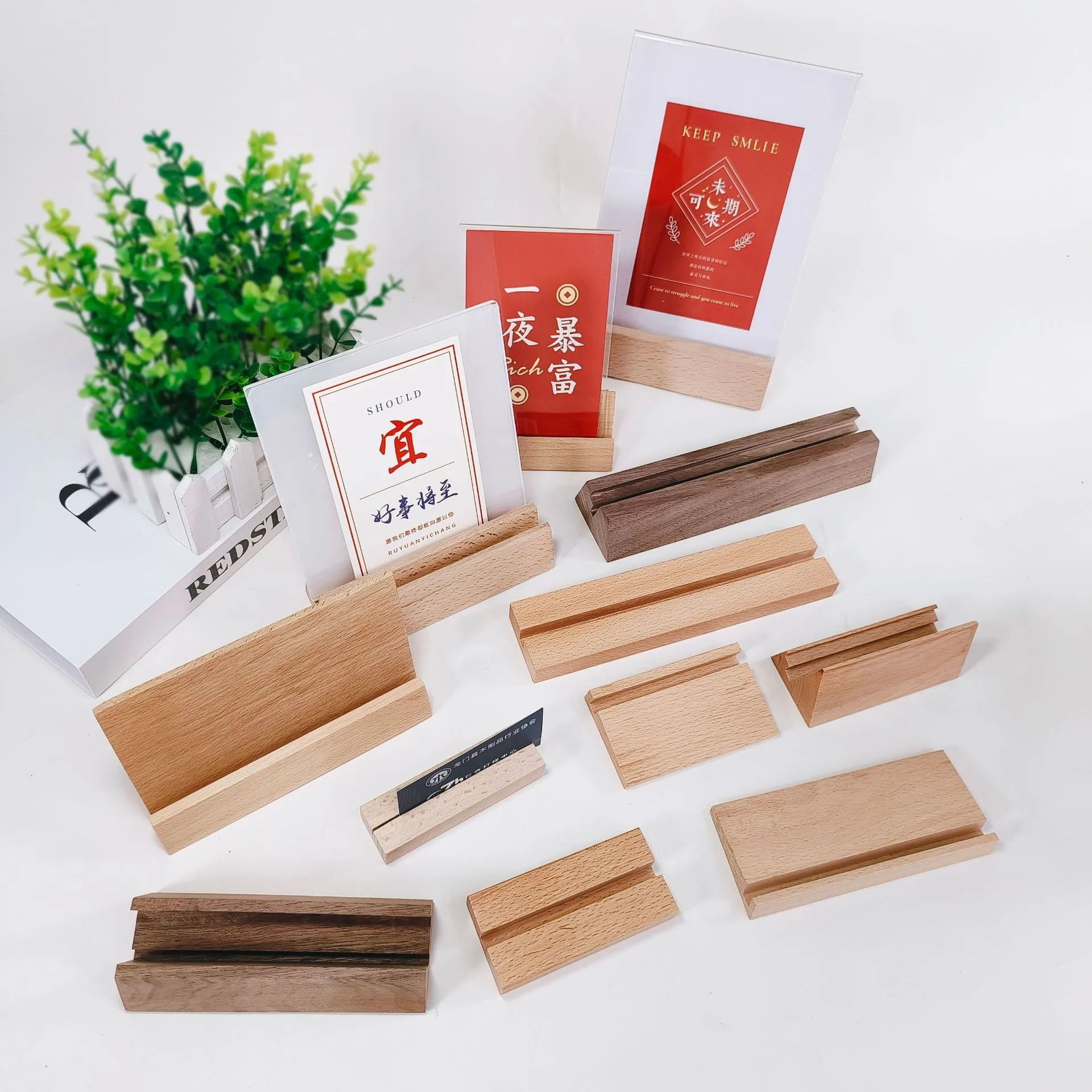 Customized kinds of size shape wood holder&base&stand&support for promotional card notes ,postcard,name card,billboard