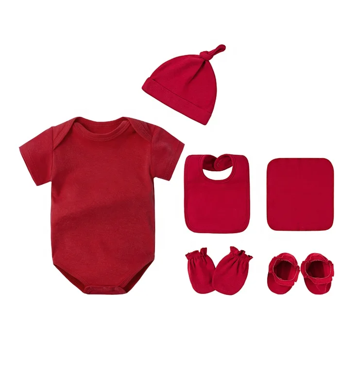 Custom Logo Newborn baby cotton clothes hat bibs socks mittens short sleeve baby romper set